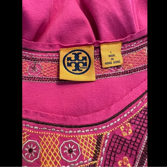 TORY BURCH Embroidered Shirt Top Blouse Pink Orange Brown Bid Front Tee Knit - Picture 6 of 9